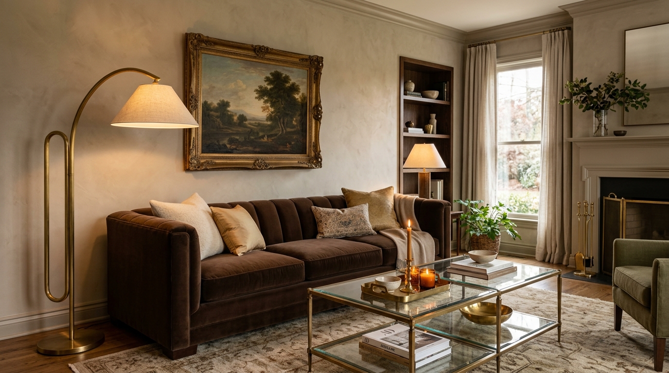 Chocolate Brown and Antique Brass Accents Living Room